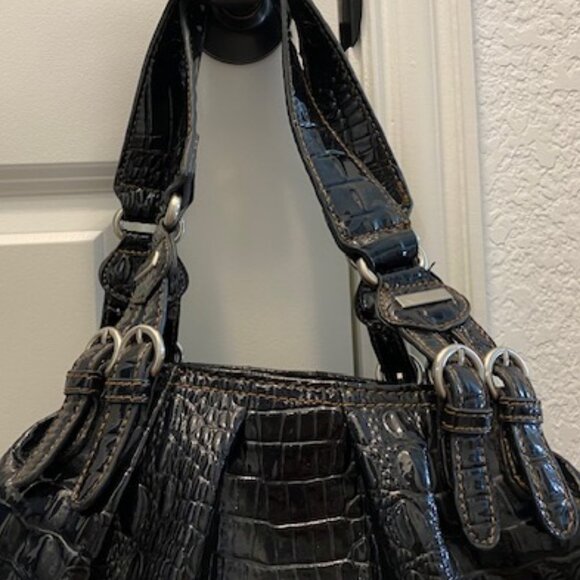 Large JESSICA SIMPSON Satchel PURSE * SHINY BLACK PATENT LEATHER embossed CROC - Picture 4 of 14